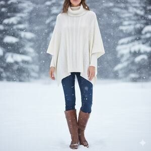 White House Black Market Off White Metalic Sparkle Wool Blend Poncho S/M